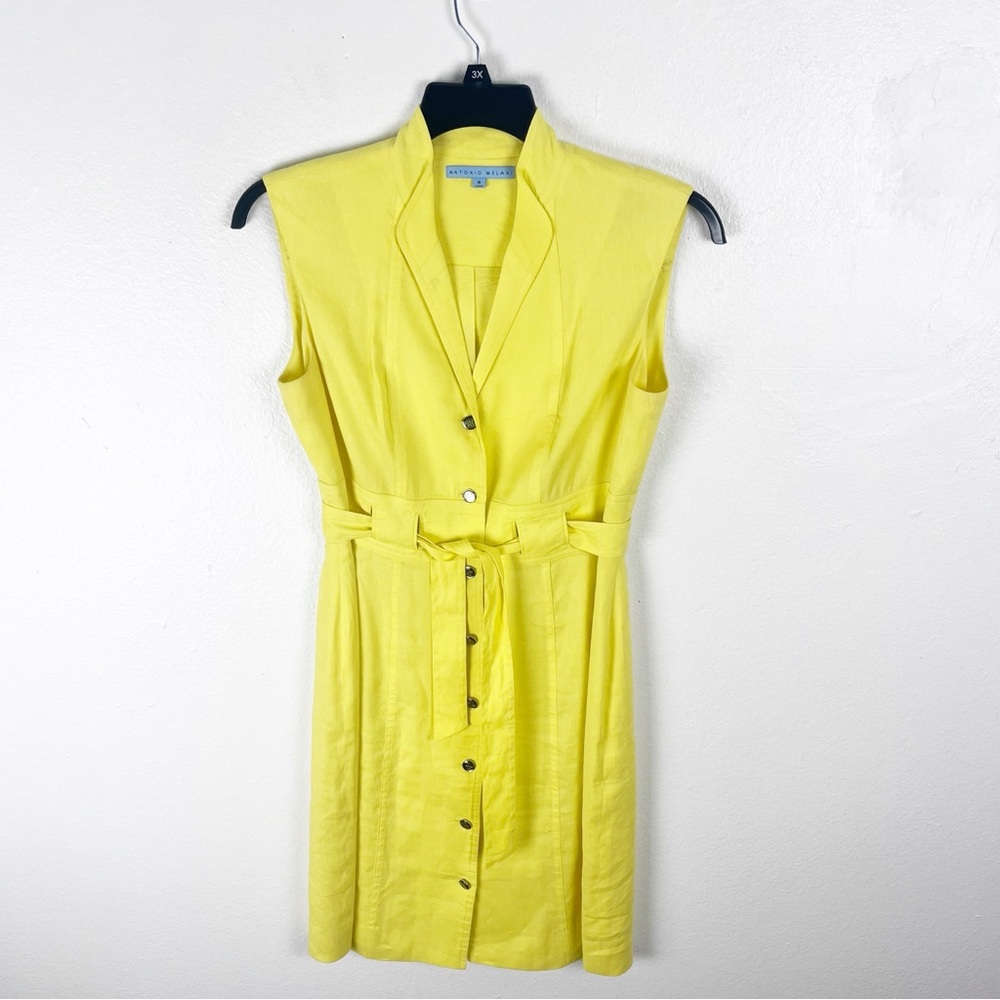 ANTONIO MELANI Yellow Linen Blend Belted Waist Front Button Casual Dress Size 6